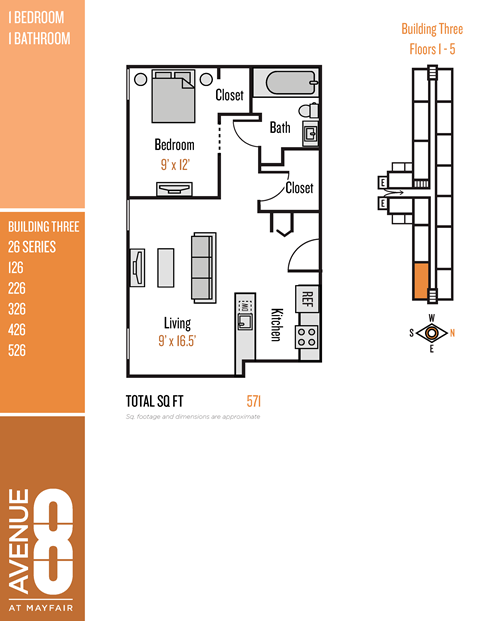 Floor plan for 1 bed, 1 bath, 571 sqft